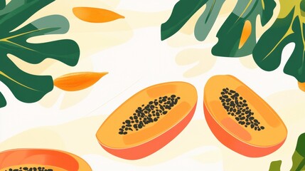 Stunning Papaya Slices with Tropical Leaves: A Vibrant Tropical Fruit Art