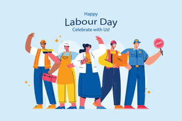Illustrated Labour Day celebration poster featuring diverse professionals, including a chef, nurse, police officer, construction worker and more. The design is modern minimalist and bold typography.