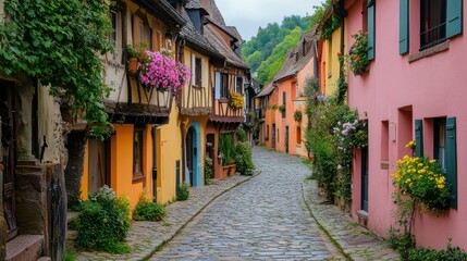 Village street view. Colorful houses along the cobblestone road. Plants and flowers decorate the buildings. Old traditional European architecture.