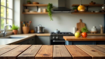 Rustic wooden countertop, blurred kitchen backdrop, cafe, counter