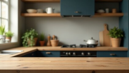Rustic wooden countertop, blurred kitchen backdrop, cafe, vintage kitchen, cooking