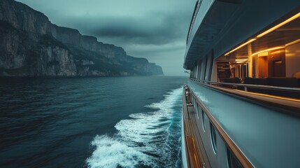 Luxury Yacht Sailing. Cliffs on the horizon. Blue sea water and clouds. Boat trip at sea. Ocean travel adventure. Calm sea view.