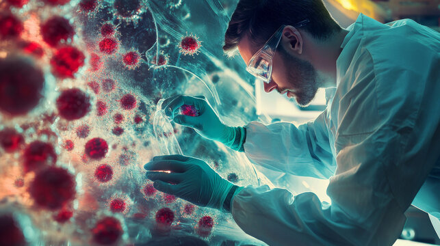 A scientist collects bacterial colonies for cloning and transgenic vector insertion into plasmid DNA, representing advanced genetic research