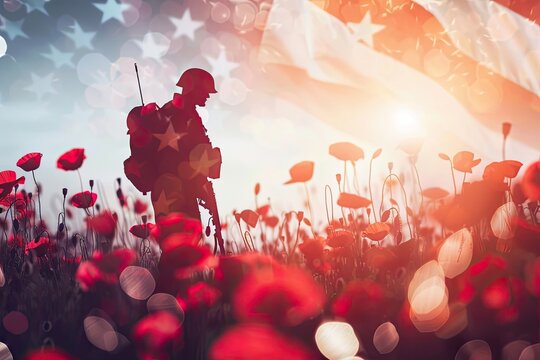 poppies, soldier, memorial day, day of mourning/ Silhouettes of a soldiers with American flag against the sunset. Background for Remembrance Day. Armed Forces concept