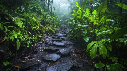 Fototapeta premium Green forest path. Wet stones on trail. Lush plant life grows. Foggy scene in nature. Walk in woods.