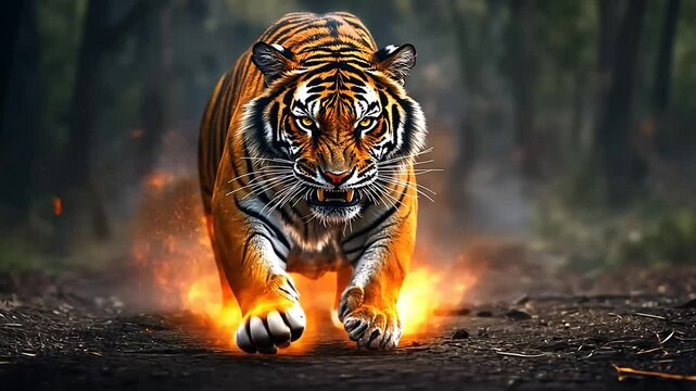 Fiery Tiger charging forest, sparks fly, game design