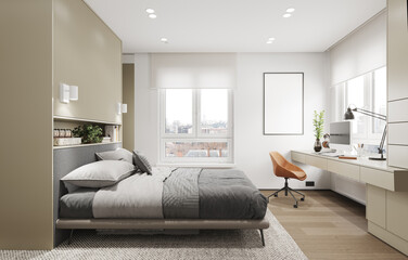 A modern minimalist bedroom with neutral tones, soft lighting,