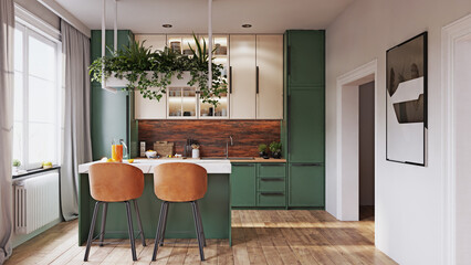 A modern kitchen and dining area