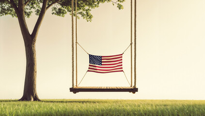 American flag hung on a rope swing under a tree in minimalistic landscape