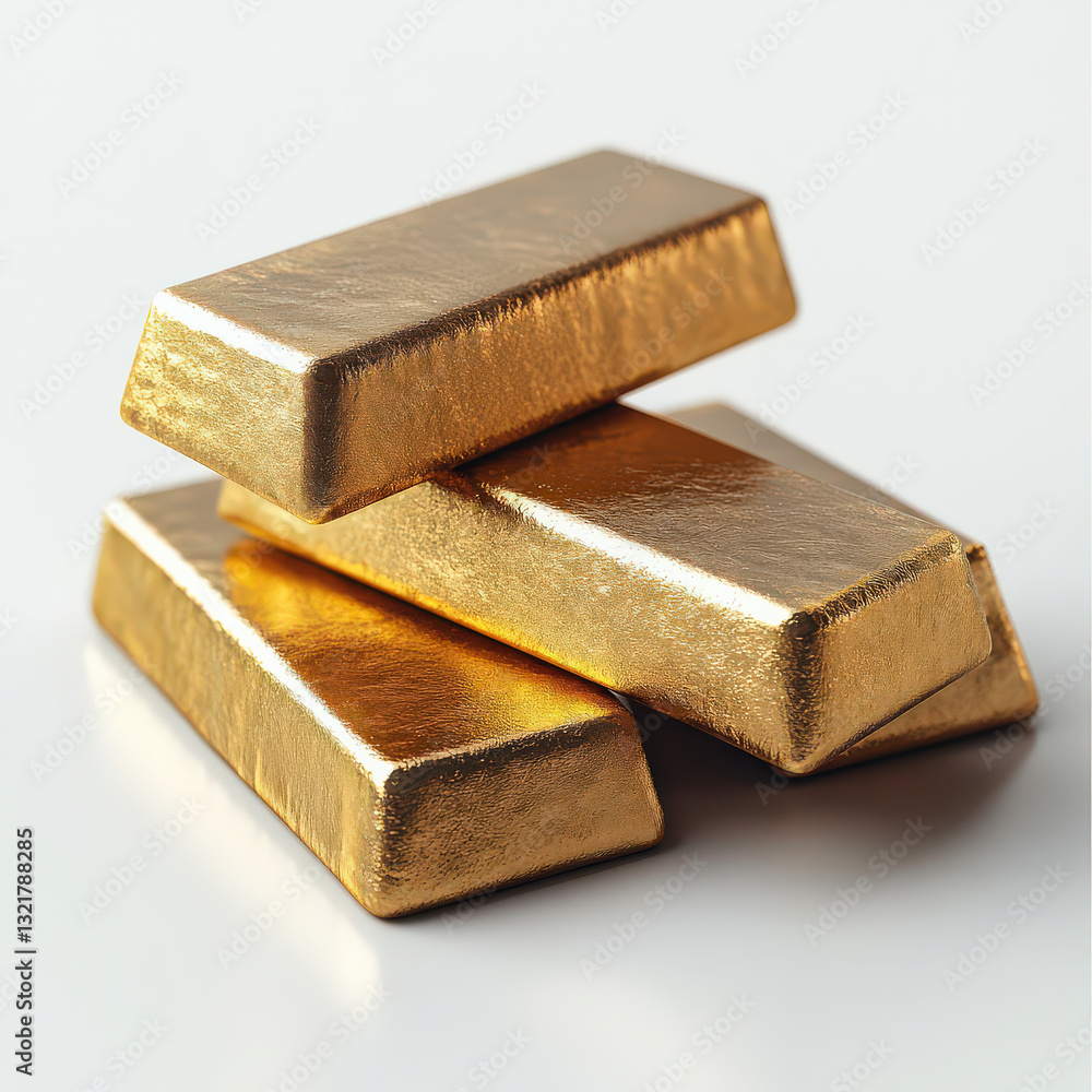 Poster stack of shiny gold bars is displayed on smooth surface, showcasing their sleek and modern 3d render