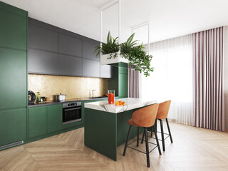 A modern kitchen and dining area