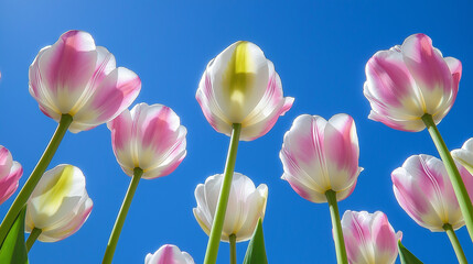 Fototapeta premium Pink, white tulips reaching skyward, vibrant blue backdrop highlighting delicate petals and slender stems symbolizing spring's delicate, rejuvenating energy