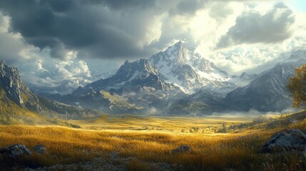Majestic mountain range panorama with golden field under dramatic cloudy sky