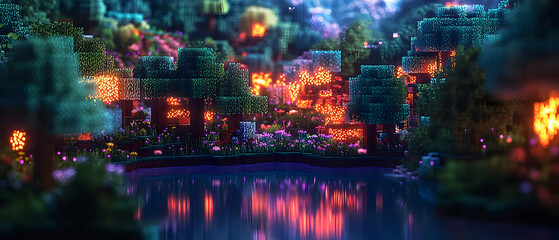 Fototapeta premium Pixel Art Cityscape Reflected In Water With Vibrant Colors And Glowing Details At Night