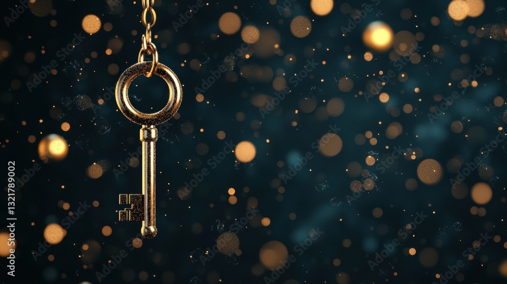 Poster shiny gold key hanging in a dark space with glittering bokeh lights for artistic or symbolic concept