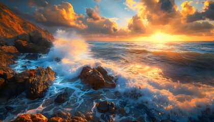 Wide-angle view of coastal cliffs, waves crashing against rocks under a golden sunset, cinematic dramatic grandeur