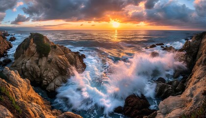 Obraz premium Wide-angle view of coastal cliffs, waves crashing against rocks under a golden sunset, cinematic dramatic grandeur