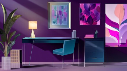 Purple Modern Home Office with Abstract Art and Stylish Furniture