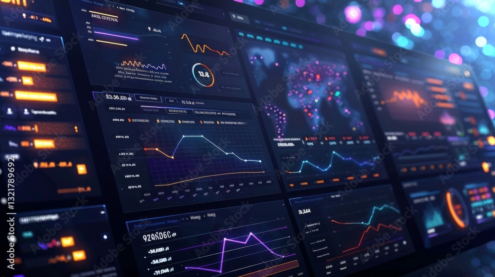 Poster Advanced analytics displayed on a dashboard with vibrant graphs, charts, and data visualizations highlighting key performance metrics and trends in real time.