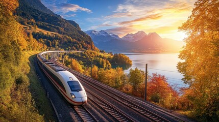 High-speed train through autumnal mountains, scenic lake