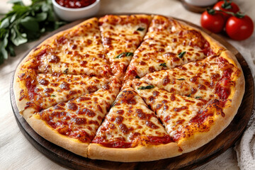 Pizza with cheese and sauce on wooden board.
