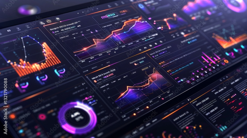 Leinwandbilder Colorful graphs showcase various data trends and analytics on a sleek digital dashboard, emphasizing data visualization techniques in a technology oriented workspace during night hours.