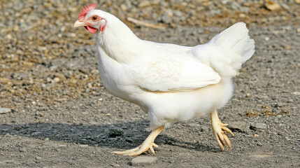 A white poultry chicken stands on the ground, representing farming, food production, and the debate over genetically modified organisms (GMOs)