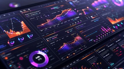 Obraz premium Colorful graphs showcase various data trends and analytics on a sleek digital dashboard, emphasizing data visualization techniques in a technology oriented workspace during night hours.