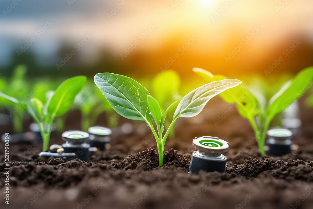 Poster sensors embedded in rich soil provide vital data for young plants, connecting them to a control hub 