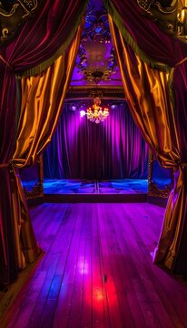 A vibrant cabaret club where glowing velvet curtains and radiant stage lights frame Art Deco eveningwear