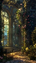 A surreal Art Nouveau garden where glowing floral gates and radiant curved architecture frame vintage couture