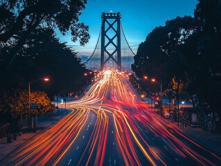 Dynamic traffic flow across a grand bridge illuminated against the twilight sky