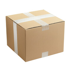 Brown cardboard box with white tape on a plain background