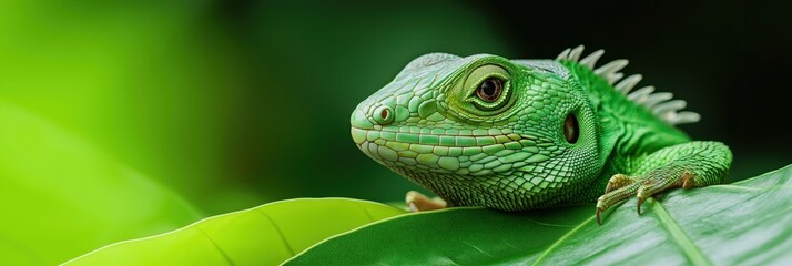 Fototapeta premium This captivating image features a green lizard resting on a lush leaf, underscoring its vibrant color and intricate scales against the soft green foliage.