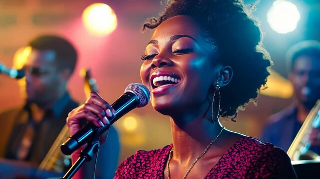 Black jazz singer performs on stage at jazz club. World Jazz Day, night illumination, light show