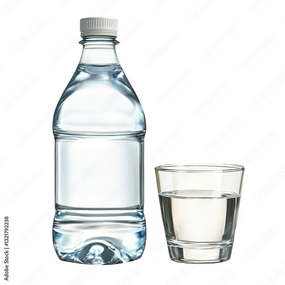 Poster refreshing glass and bottle of water on a table with soft lighting highlighting their clarity and pu