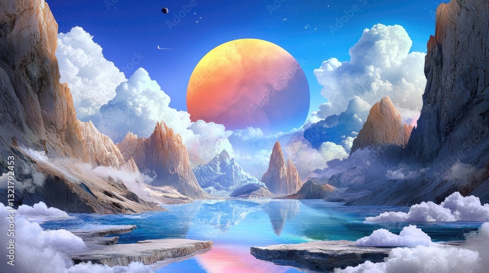 Poster a dreamy sky filled with soft clouds and a vibrant rainbow gradient, creating a magical atmosphere.