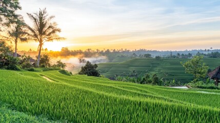 Obraz premium Sunrise over Indonesian rice terraces, tranquil landscape, rural village in background, ideal for travel brochure or nature calendar
