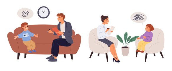 Child psychologists charge appointments. Mental health. Psychotherapy consultation. Psychological counseling. Depressed people therapy. Patient talking with psychoanalyst. Vector concept