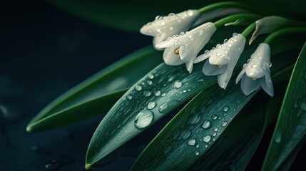 Dew-kissed white spring flowers on dark green leaves.