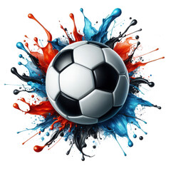 Vibrant soccer ball illustration in watercolor style with flowing background effects, isolated on a transparent backdrop. Ideal for clipart and digital designs.