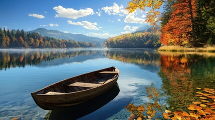 Naklejka premium A forgotten wooden boat, half-submerged in the still waters of a breathtaking mountain landscape.
