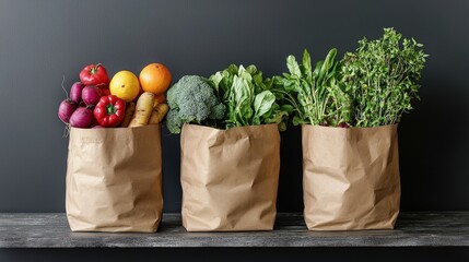 Freshly delivered locally grown fruits and vegetables packed in eco-friendly paper bags or textile shopping bags, zero waste vegetarian nutrition concept