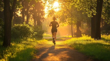 Fototapeta premium Woman running in park at sunrise