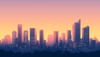 Vibrant City Skyline at Sunset with Colorful Hues and Silhouetted Buildings