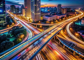 V-shaped light trails streak across vibrant cityscapes, creating dynamic motion blur in long exposure night photography.