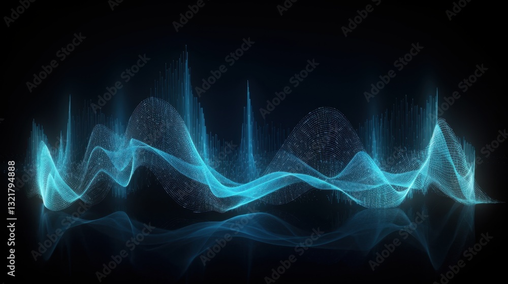 Poster abstract blue sound wave made of glowing particles pulsating on a dark futuristic background