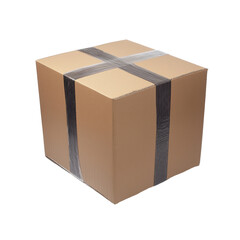 Brown Square Cardboard Box with Black Strips on White Background