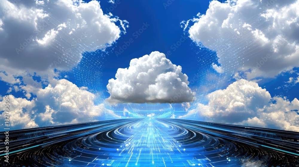 Poster a futuristic blue digital interface representing big data, ai, and cloud computing integration.