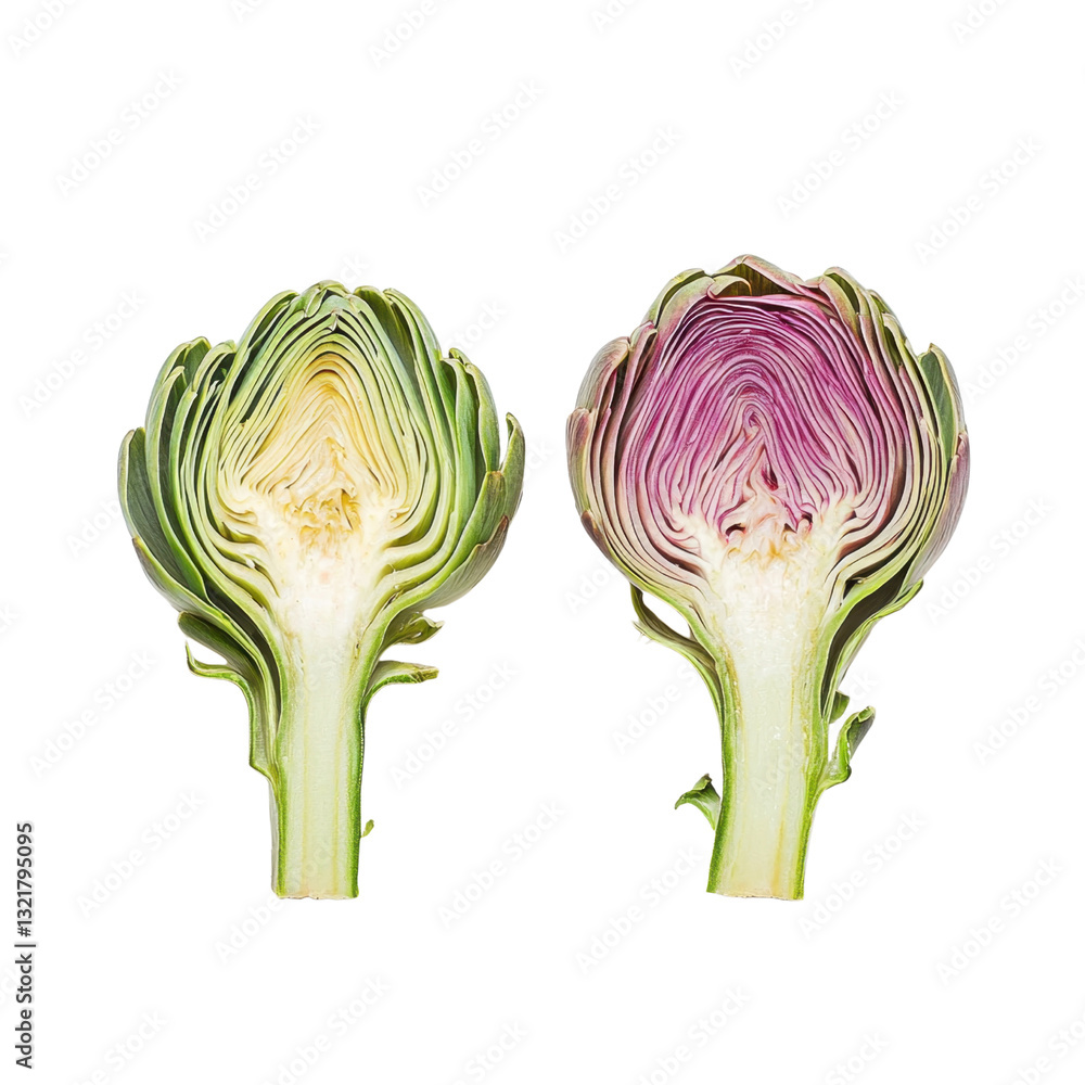 Poster freshly cut artichokes displaying unique leaf patterns and colors